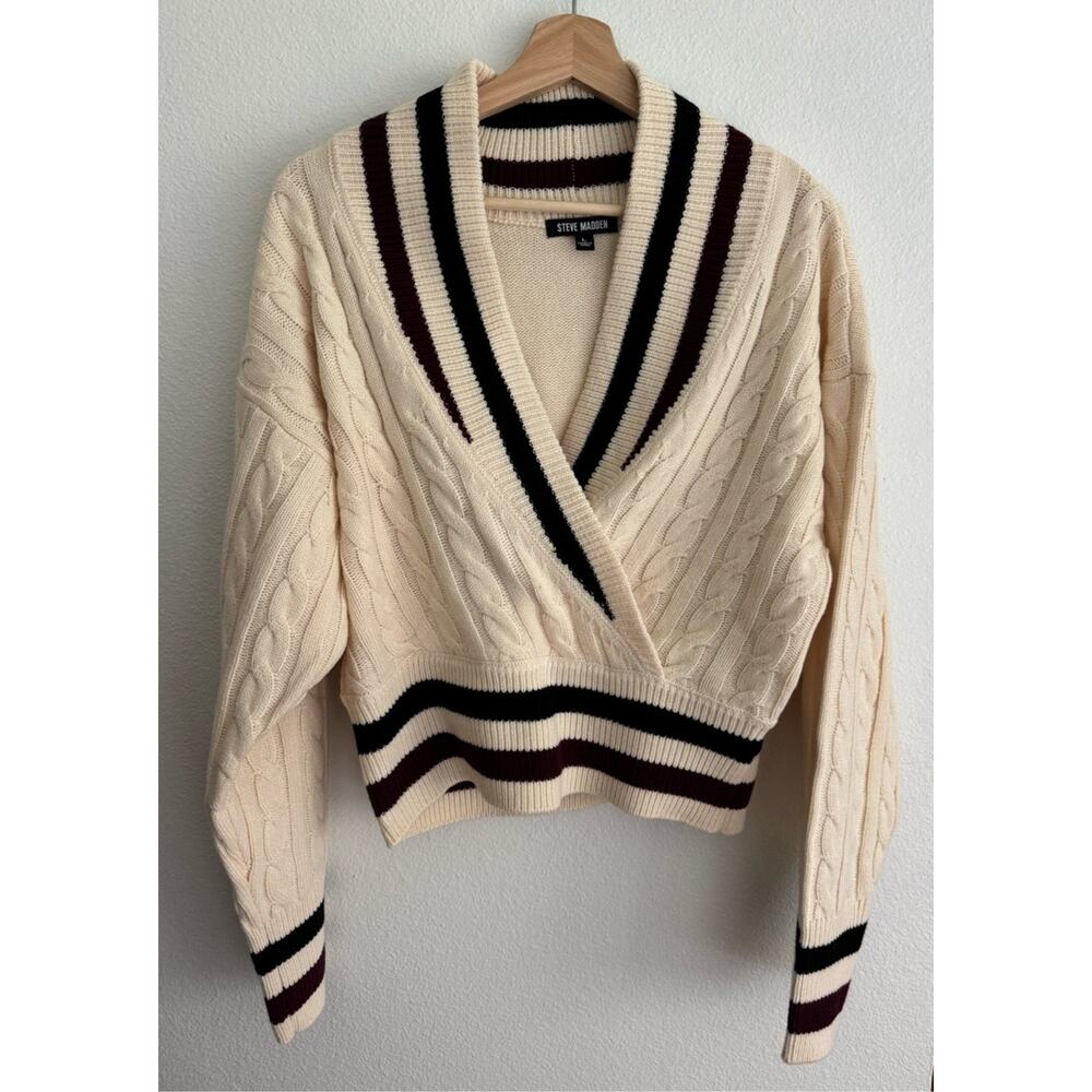 Steve Madden Women's Large Cream Cable Knit Cropped Wrap Sweater Varsity Stripe